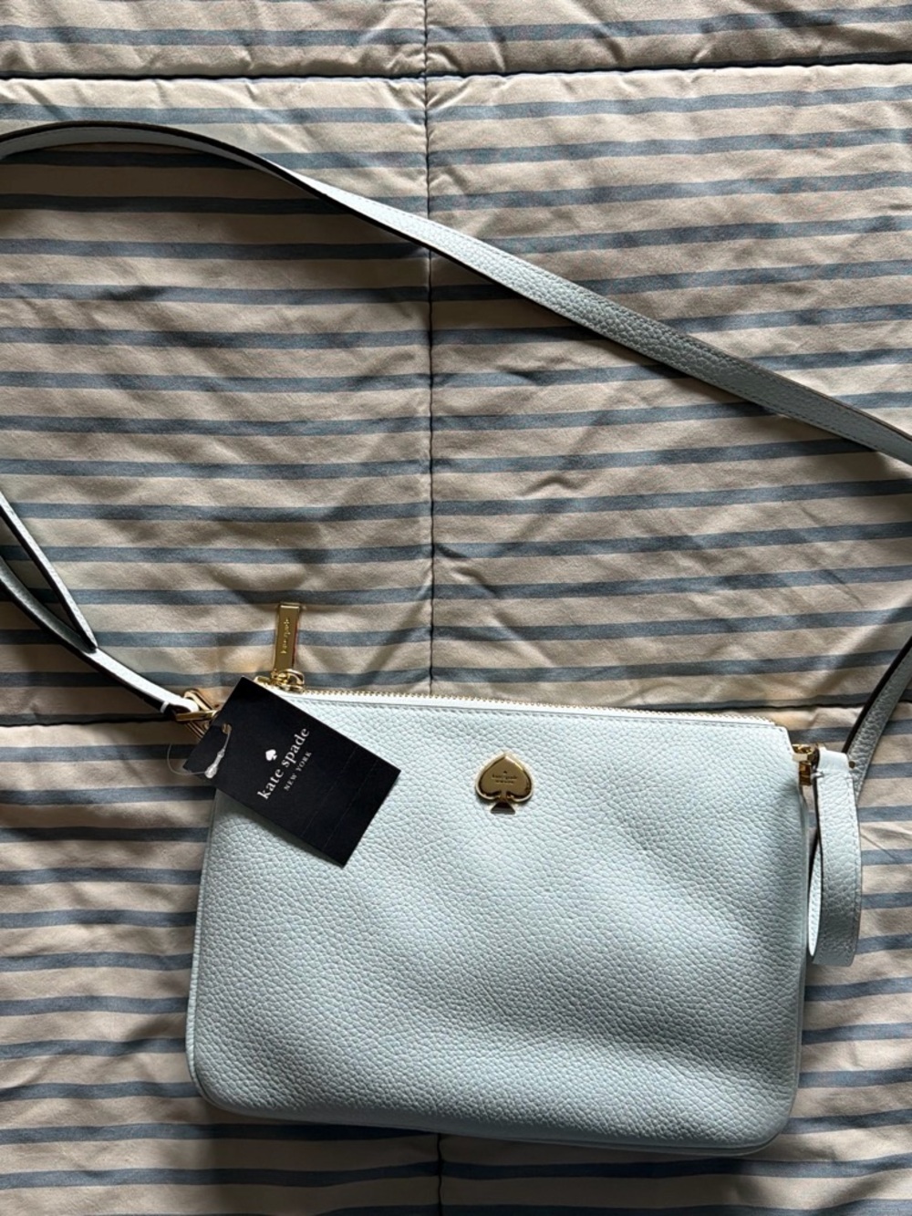 kate spade Light Blue Pebbled Leather Mini Crossbody with Gold Spade